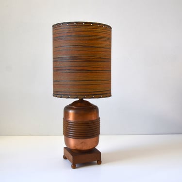 Early Modern Copper and Wood Small Table Lamp with Matching Laced Shade 