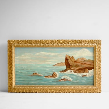 Antique Original Oil Seascape Painting of Waves Crashing on Rocks, Gilded Fram Oceanscape Painting 