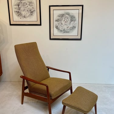 Danish Vintage Teak and Upholstered Reclining Lounge Chair & Ottoman, by SL Mobler 