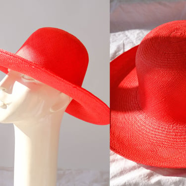 Vintage Red Unstructured Straw Wide Brim Floppy Sun Hat | Beach, Summer, Resort, Crushable | 1990s Y2K Bohemian Wide Brim Floppy Sun Hat 