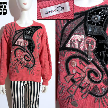 Kansai O2 Yamamoto Avant Garde Vintage 80s Pink Beaded Sequin Velvet Face Statement Sweater 