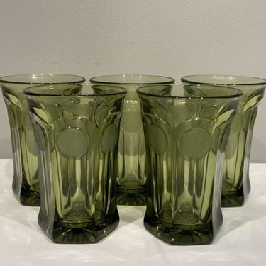 5 Rare Tall Green Fostoria Coin Heavy Cocktail Bar Glasses, green Tumblers, MCM dinning room decor, green dinner glasses, housewarming gifts 