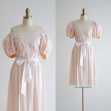 cute cottagecore dress 70s vintage pastel peach lace off shoulder puff sleeve dress 