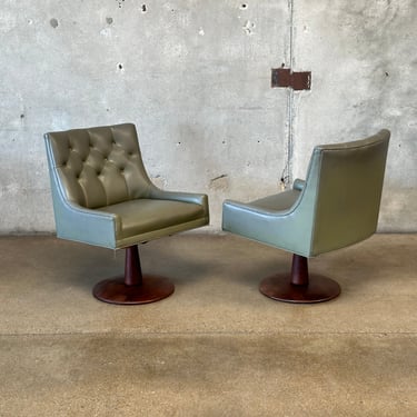 Pair of Mid Century Walnut Swivel Chairs with Vinyl Upholstery - As Is