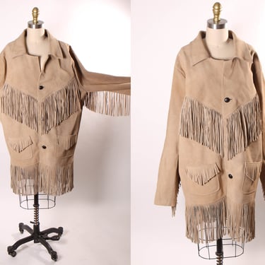1980s Light Tan Suede Leather Fringe Long Sleeve Mens Western Jacket Coat by Bull Genuine Leather -L 
