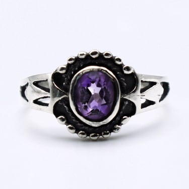 70's beaded sterling amethyst size 7.25 solitaire, edgy oxidized 925 silver tribal ring 