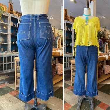 oscar de la renta jeans, 1980s denim, vintage designer jeans, 80s does 50s, high waist, cropped cuffed, 27 
