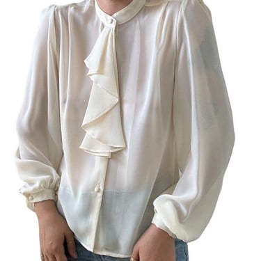 Vintage 1990s Womens White Sheer Romantic Ruffle Light Academia Blouse Sz S 