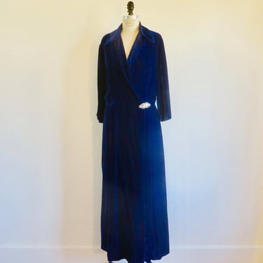 1930's Art Deco Royal Blue Silk Velvet Long Maxi Robe Style Coat Rhinestone Clasp Formal Dressy 30's Opera Coats Peer 32 " Waist Size Medium 