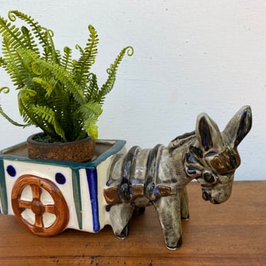 Vintage Donkey Planter, Small Donkey Pulling Wagon, Made In Occupied Japan 