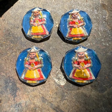 1930s Buttons Lady Reverse Painted Glass Two Parts antique vintage 