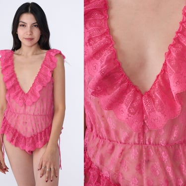 70s Pink Lace Teddy Romper Lingerie Bodysuit Sheer Floral One, Shop Exile