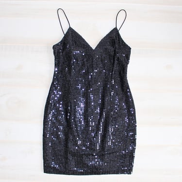 Vintage 90s Sequin Dress, 1990s Little Black Dress, Party Dress, Spaghetti Strap, Mini, Slip 