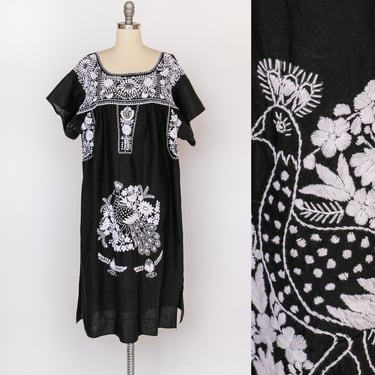 1970s Maxi Dress Mexican Oaxaca Embroidered Cotton XL 