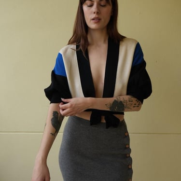 70's 80's St John / Knit Top / Black and Blue Wrap Top with Deep V Neck / St. John Knits / Batwing Sweater 