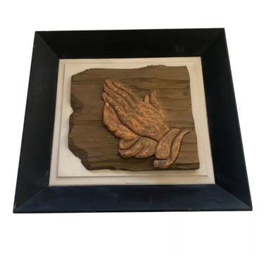 mid century modern 1950s Kitsch Praying Hands  carved Wood Wall Art sculpture Religion Atomic Mcm 