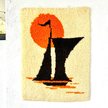 Vintage 70s Shag Rug Art Latch Hook Sunset Sailboat 1970s Decor 