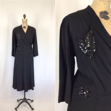 Vintage 40s dress | Vintage black rayon crepe cocktail  dress | 1940s sequins little black party dress 