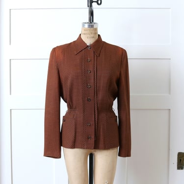 women's vintage 1940s wool shirt • brown & orange checked houndstooth lightweight jacket with patch pockets 