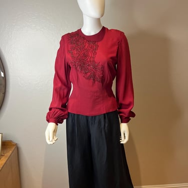 Ava Has Her Hands Full - Vintage 1940s Burgundy Rayon Beaded Blouse Shirt Top - 6/8 