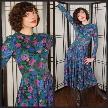 80s Floral Print Dress Drop Waist Long Sleeves Express 