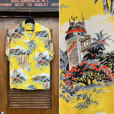 Vintage 1950’s Aloha Tower Tiki Tropical Crepe Hawaiian Shirt, 50’s Loop Collar, Vintage Clothing 