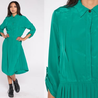 80s Shirtdress Green Day Dress 1980s Midi Dress Button Up Shirtwaist Pleated High Waist Vintage Long Sleeve Button Roll Tab Retro Large 12 