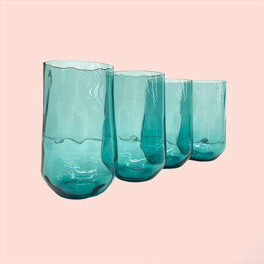 Vintage Drinking Glasses Retro 1980s Contemporary + Aqua + Turquoise Blue + Set of 4 + Tumblers + Drinkware + Home and Kitchen Decor 