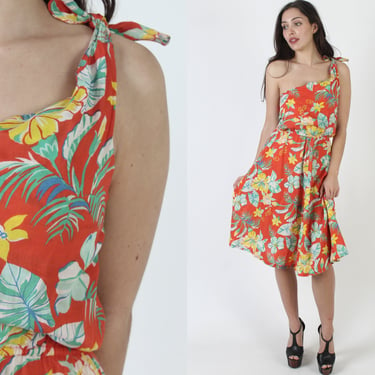 Vintage 70s One Shoulder Floral Dress Summer Pageant Hawaiian Garden Prairie Mini Midi 