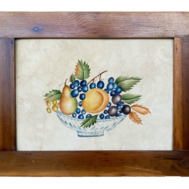 Theorem painting Bowl of fruit Vintage still life stencil art Primitive oil painting on velvet Hand painted Repro of 19th Century Womens Art 