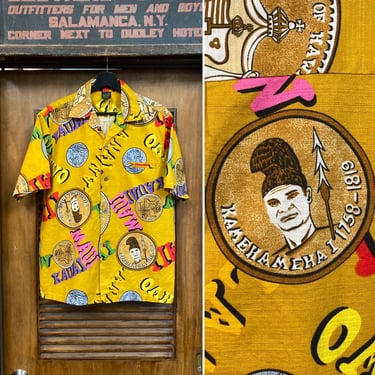 Vintage 1960’s Pop Art Cartoon Mod Cotton Hawaiian Tiki Short Sleeve Shirt, Barkcloth, Loop Collar, 60’s Vintage Clothing 