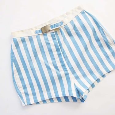 Vintage 60s Blue Striped Shorts 28 30 M - 1960s High Waist Cotton Swim Shorts with Belt 