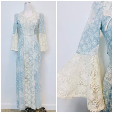 1970s Vintage Roberta Blue Patchwork Floral Prairie Dress / 70s Lace Bell Sleeves Cotton Blend Lace Up Maxi Gown / Small 
