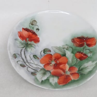 MZ Austria Porcelain Hand Painted Green Red Poppy Flowers Plate 3678B