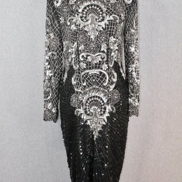 1980s Lillie Rubin Silver Beaded Cocktail Dress - Black Beaded Trophy Dress - 80s Party Dress - Art Deco 