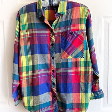 80's Flannel Shirt, Bright Plaid Colors, Vintage Button Down Shirt Unisex Long Sleeve 1980's Soft Oxford Shirt 