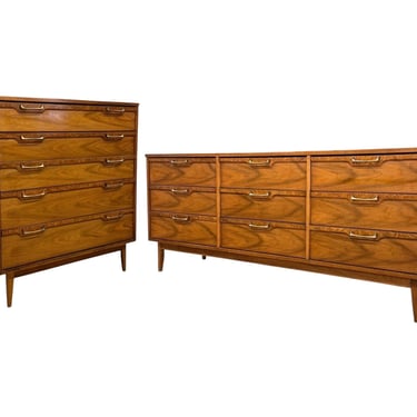 Free shipping within  continental US - Vintage Mid Century Modern Dresser Set with Walnut Burl Accents and Original Brass Finished Hardware 