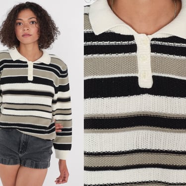 Striped Polo Sweater 80s Collared Knit Sweater Black Taupe White Pullover Retro Preppy Streetwear Basic Neutral Cotton Vintage 1980s Medium 