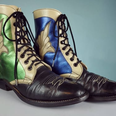 1970s lace-up ankle boots. Western style with green & blue metallic paint. Goth, fairy, steampunk, one of a kind ropers. Hondo Boots. Size 7 