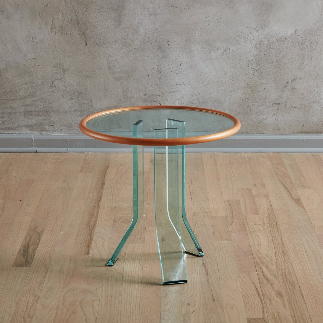 Round Glass Side Table with Wood Trim by FIAM, 1980s | South Loop Loft ...