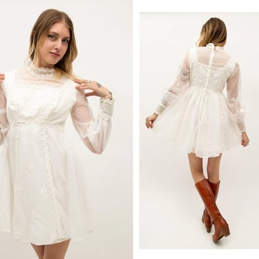 Vintage 1970s White Lace Floral Appliqué Mini Dress w/ Bishop Sleeves // Bridal Shower Engagement Short Wedding Dress 