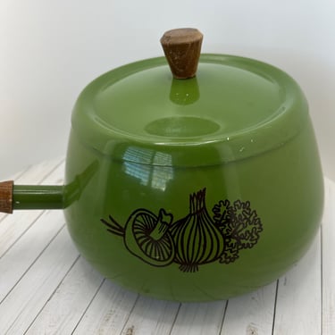 Vintage Mushroom Design Pear Green and Brown Enamel Fondue Pot/Lid ONLY 