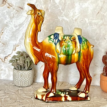 Vintage Majolica Pottery Camel, Drip Painted Figure, Large Size, Porcelain Ceramic, Figurine Sculptural Mid Century Collectible 