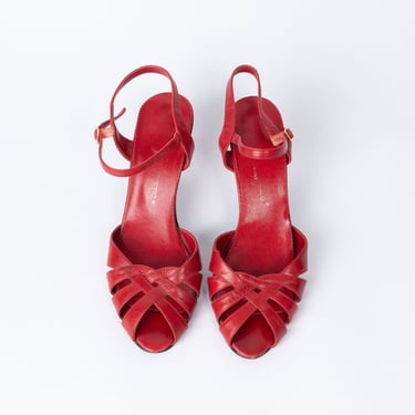 Vintage 1970s Italian Made Red Leather Heeled Sandals with Ankle Straps 7M 