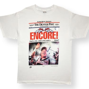 Vintage NWT 1999 Denver Broncos Football Super Bowl Champions John Elway “Encore” Newspaper Graphic T-Shirt Size Large/XL 