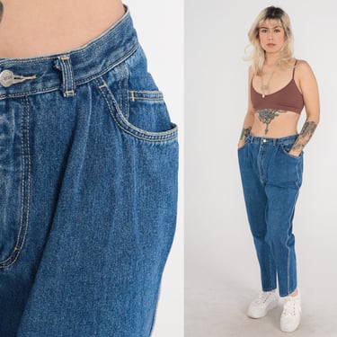 Pleated Mom Jeans 90s Tapered Jeans High Waisted Denim Pants 1990s Vintage Blue Paper Bag Jeans Medium 30 
