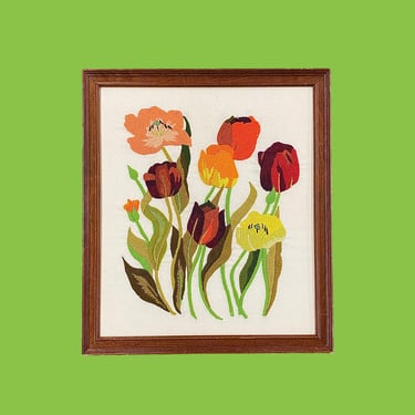 Vintage Floral Crewel 1980s Retro Size 25x22 Bohemian + Tulips + Flowers + Embroidery + Handmade + Boho + Fiber Art + Home and Wall Decor + 