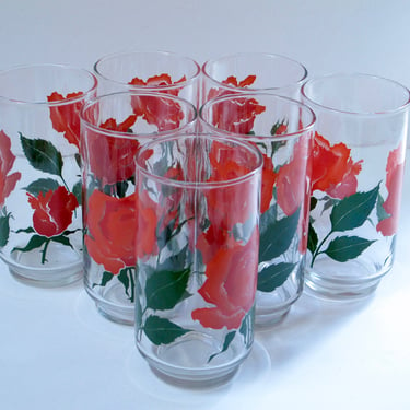Set 7 Anchor Hocking Red Roses Glasses 1950s Red Kitchen Retro Tumblers Rose Motif Mid Century Barware Drinking Glasses 50s Cocktail Glasses 