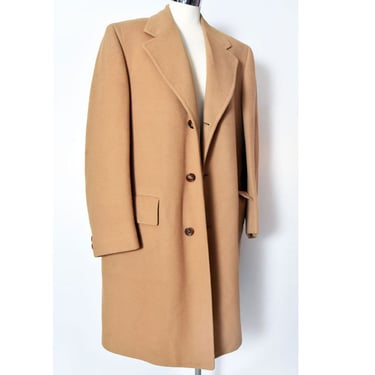 100% CASHMERE Men's Long Overcoat Tan Light Brown Vintage 1940's 1950s Classic Top Coat Wool Trench 46, Al Baskin 