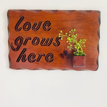 Vintage 1970s Groovy Hippie Wooden Love Grows Here Wall Art Hanging Plaque Bud Vase 